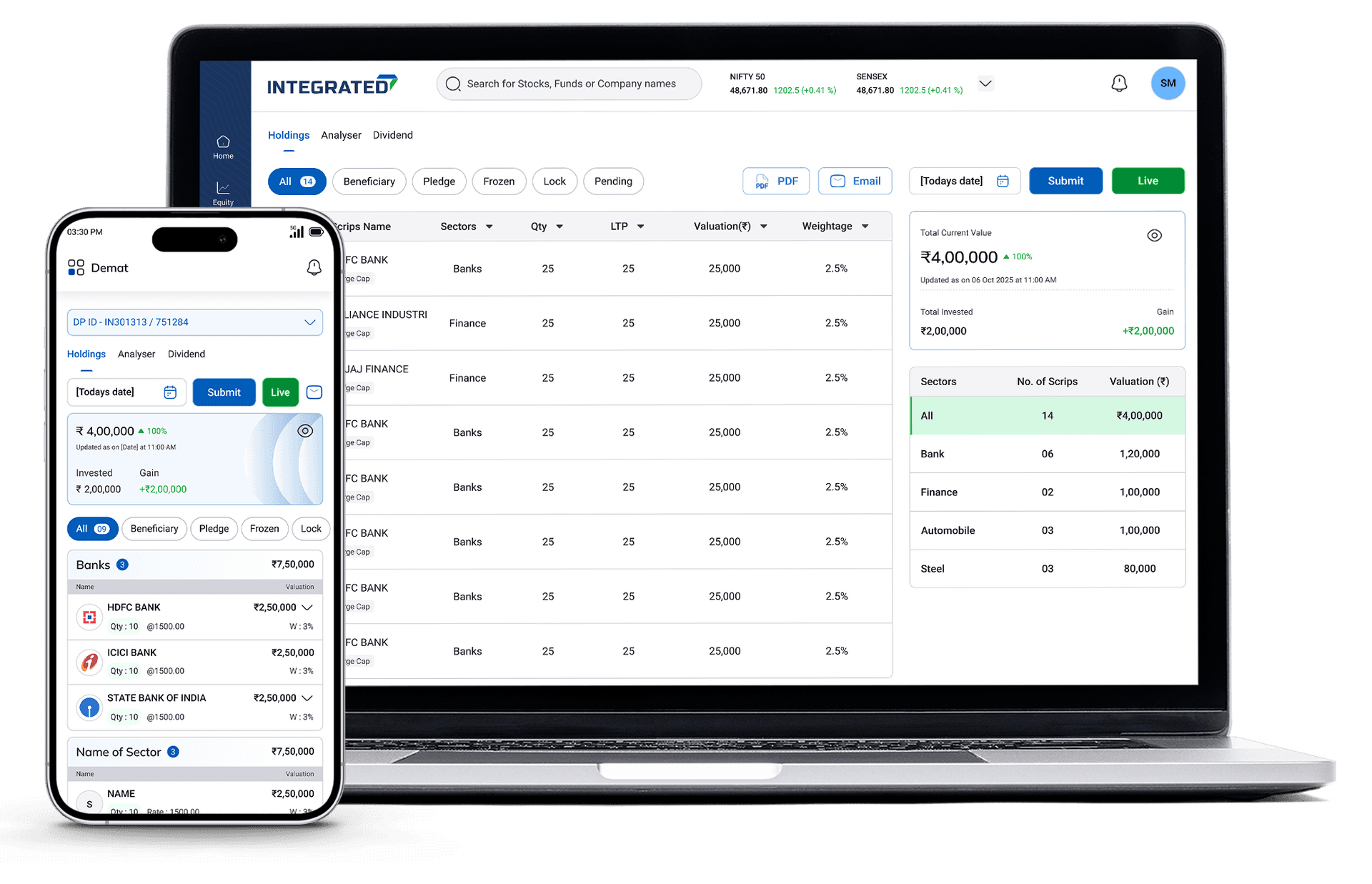NRI Demat account portfolio dashboard on mobile and desktop Demat and Trading account for NRI